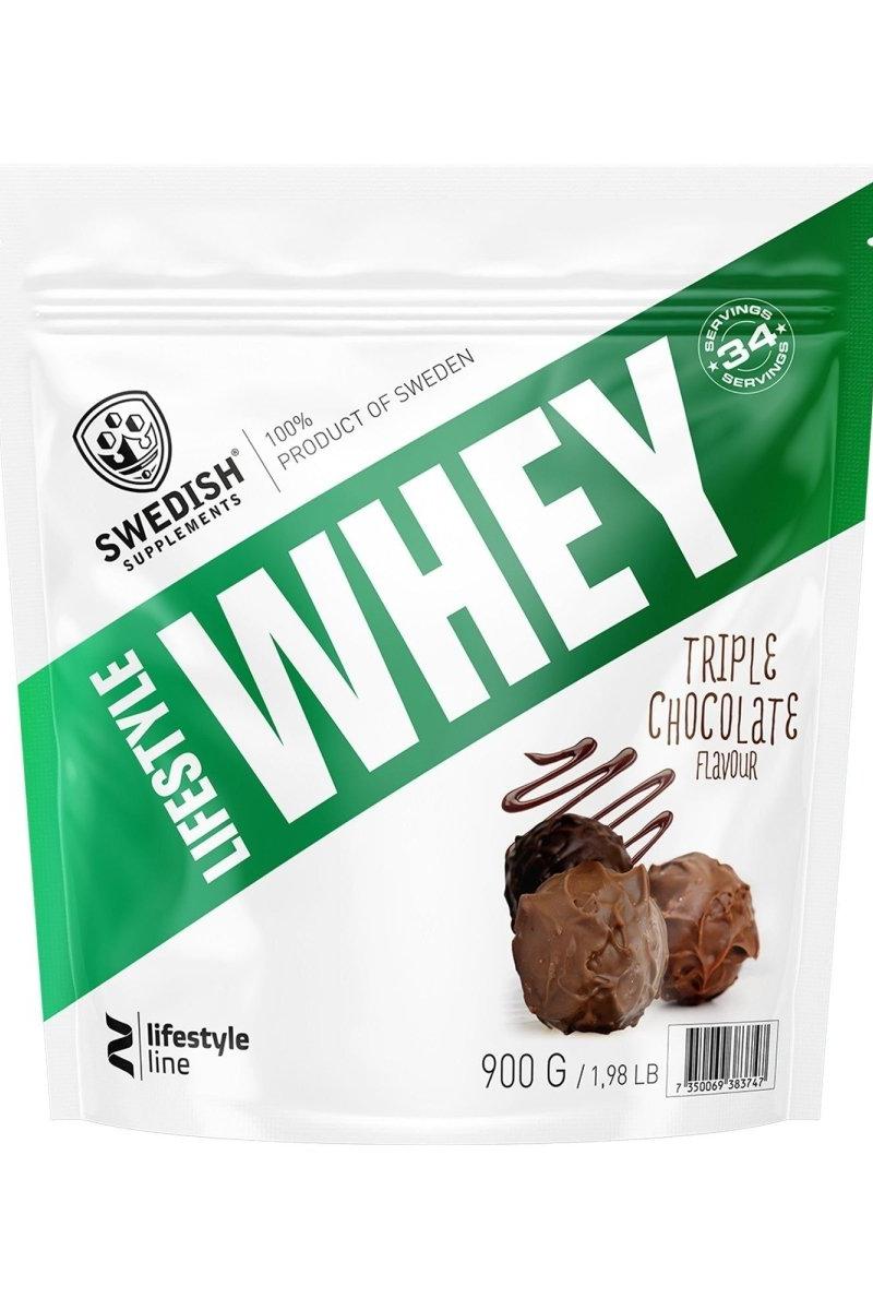 Lifestyle Whey protein powder from Swedish Supplements, 900g packaging with triple chocolate flavor.