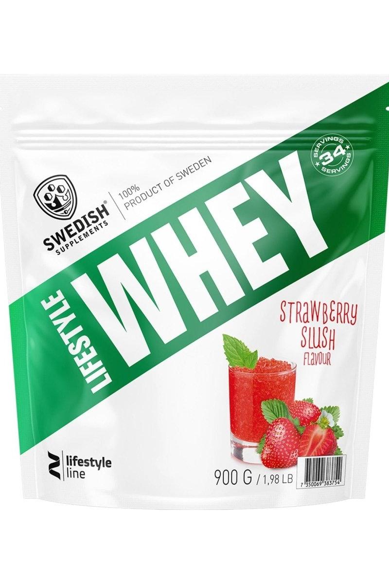 Swedish Supplements Lifestyle Whey in Strawberry Slush flavor, 900g packaging with 34 servings for muscle recovery.