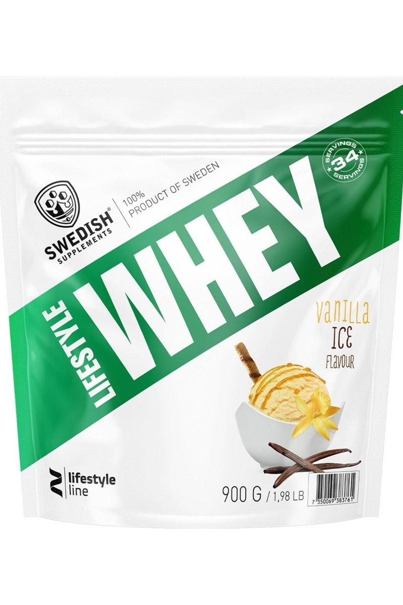 Lifestyle Whey protein powder from Swedish Supplements in vanilla ice flavor, 900g package, ideal for muscle recovery.