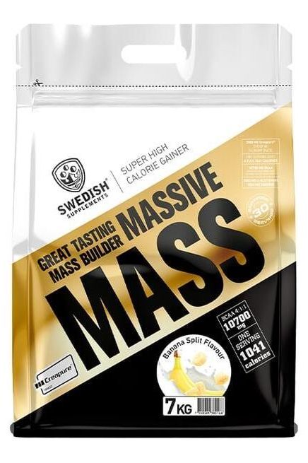 Swedish Supplements Massive Mass protein powder, 7 kg bag, banana split flavor, energy booster for muscle gain.