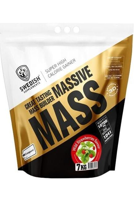 Swedish Supplements Massive Mass protein powder in a 7kg bag, for muscle gain and recovery support.