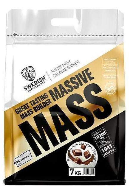 Swedish Supplements Massive Mass protein powder for muscle gain, 7 kg package, high calorie gainer, rich chocolate flavor.