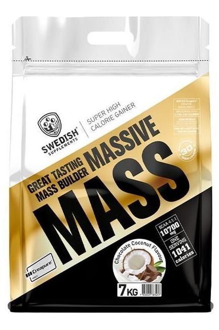 Swedish Supplements Massive Mass protein powder packaging, chocolate coconut flavor, 7 kg, high-calorie mass gainer.
