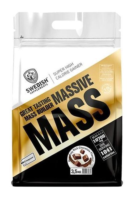 Swedish Supplements Massive Mass protein powder bag, high-calorie mass builder in rich chocolate flavor.