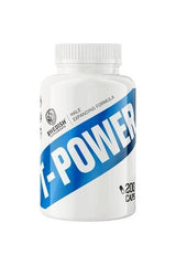 Swedish Supplements T-Power testosterone booster bottle with 200 capsules for men's health and performance.