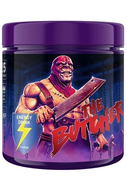 Swedish Supplements The Butcher energy drink container featuring a muscular character with a sword.