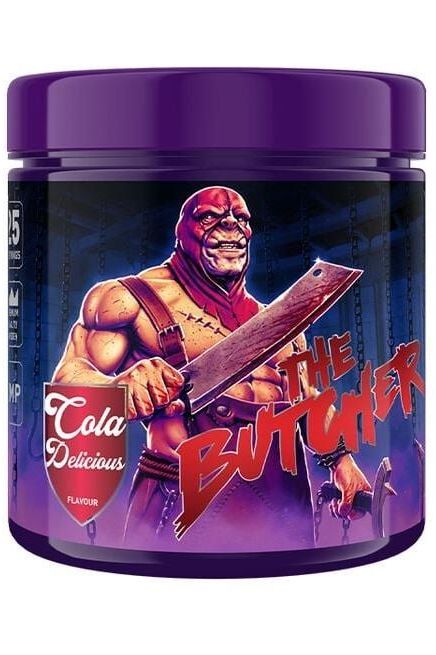 Swedish Supplements The Butcher, cola flavored pre-workout, 425g with character illustration and vibrant packaging.
