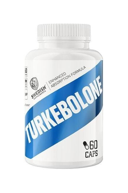 Swedish Supplements Turkebolone bottle with 60 caps for enhanced energy and muscle recovery.