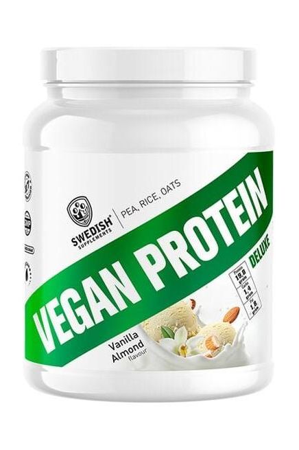 Swedish Supplements Vegan Protein Deluxe, 750g jar with Vanilla Almond flavor, promoting health and wellness.