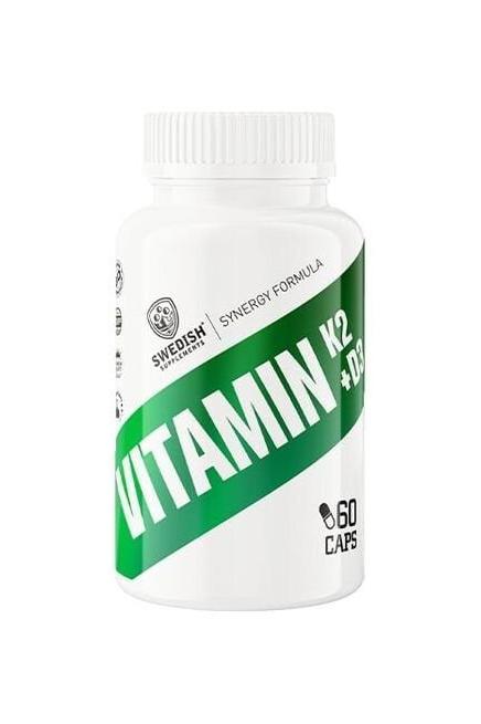 Swedish Supplements Vitamin K2+D3 bottle with 60 capsules for bone and immune health.