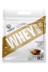 Swedish Supplements Whey Deluxe chocolate fudge flavor protein powder packaging, ideal for muscle building and recovery.