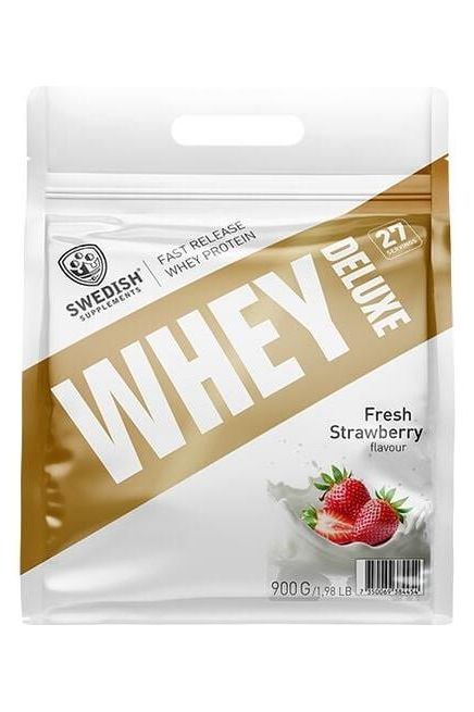 Swedish Supplements Whey Deluxe protein powder packaging with fresh strawberry flavor, 900g size.