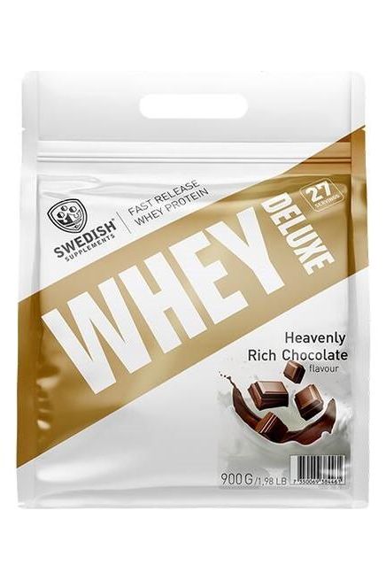 Swedish Supplements Whey Deluxe protein powder packaging in Heavenly Rich Chocolate flavor, 900g.