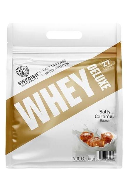 Swedish Supplements Whey Deluxe Salted Caramel protein powder packaging, 900g, for muscle recovery and protein intake.