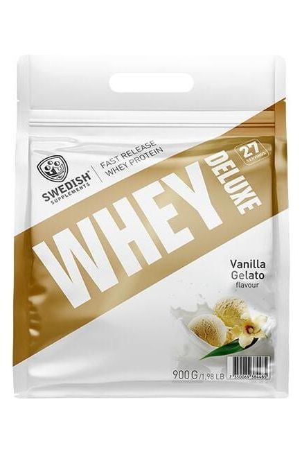 Swedish Supplements Whey Deluxe protein powder 900g pack with Vanilla Gelato flavor.