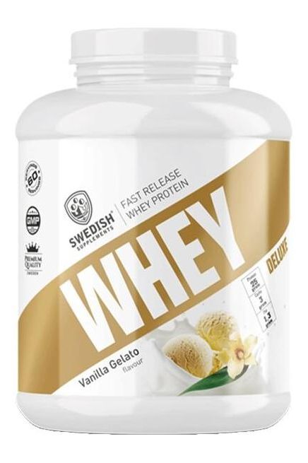 Swedish Supplements Whey Deluxe protein powder in Vanilla Gelato flavor for muscle building and recovery.