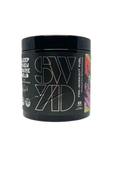 SWYD Pre-Workout Fuel container with a sleek black design, promoting energy and endurance for workouts.