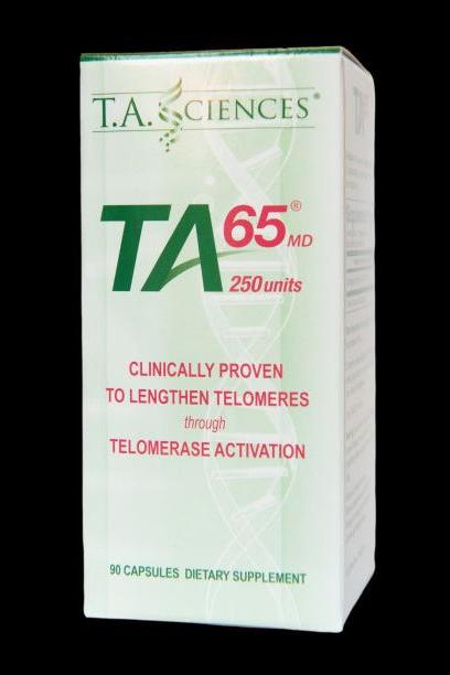 T.A. Sciences TA-65MD dietary supplement box with 90 capsules for telomere activation and healthy aging.