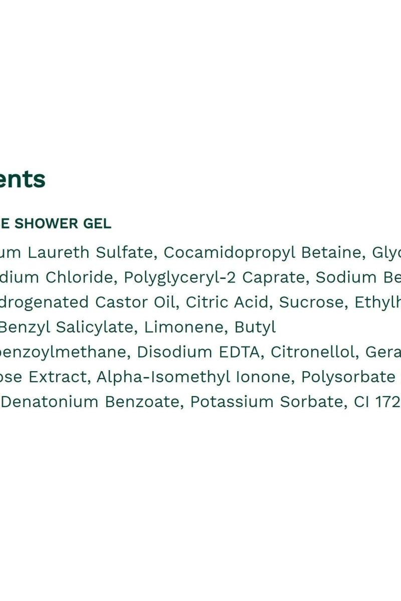 Ingredients list for The Body Shop British Rose Shower Gel, including key components for skin care.