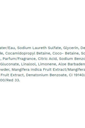 Ingredient list for The Body Shop Mango Shower Gel, highlighting natural extracts and components.