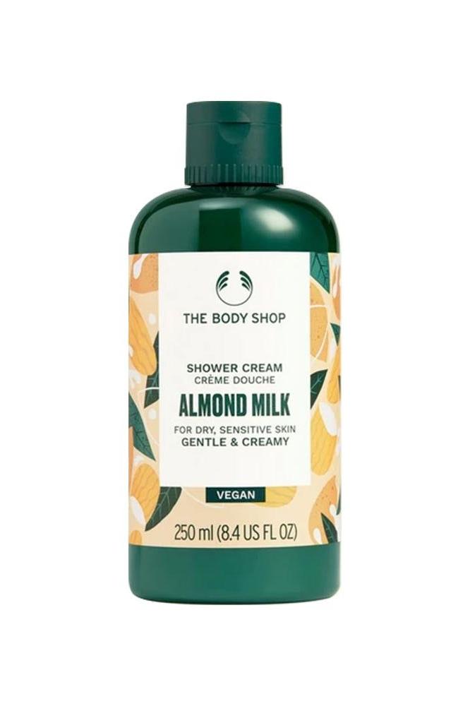 The Body Shop Almond Milk Shower Cream for dry, sensitive skin, 250 ml, vegan and creamy formula.