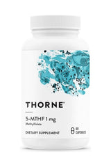 Thorne 5-MTHF 1 mg dietary supplement bottle with 60 capsules, promoting cardiovascular and cognitive health.