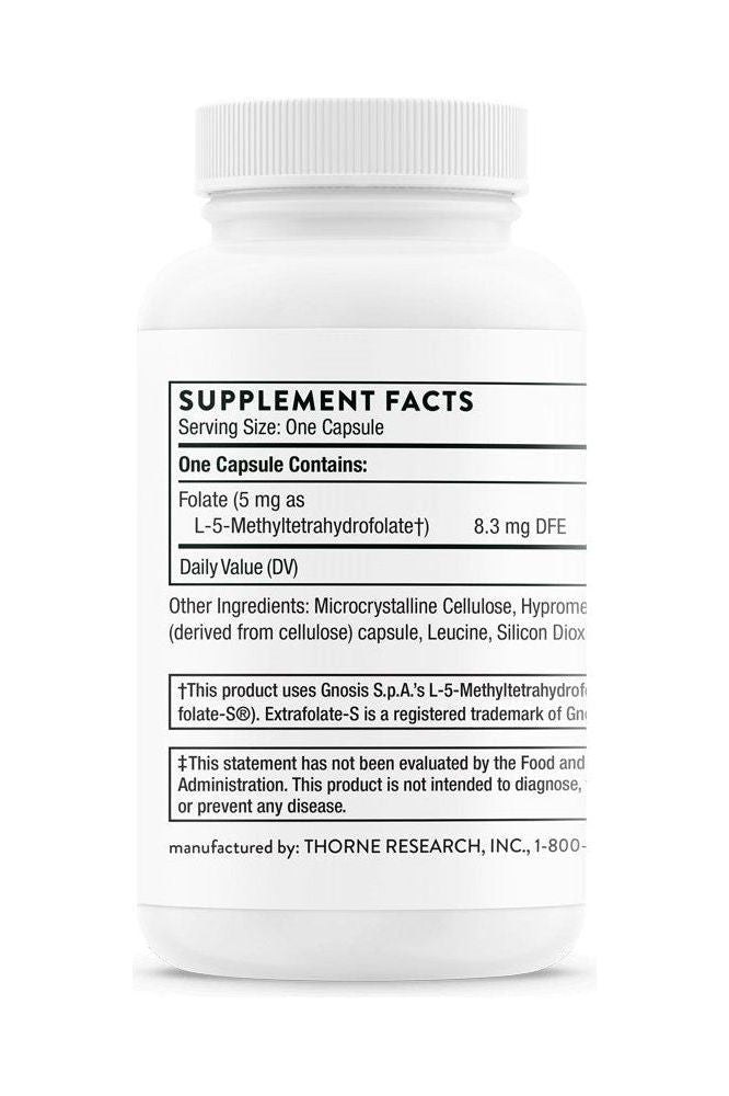 Thorne 5-MTHF supplement facts label featuring folate and other ingredients for cardiovascular health.