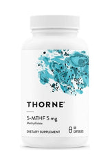 Thorne 5-MTHF dietary supplement bottle featuring 60 capsules for cognitive and cardiovascular health support.