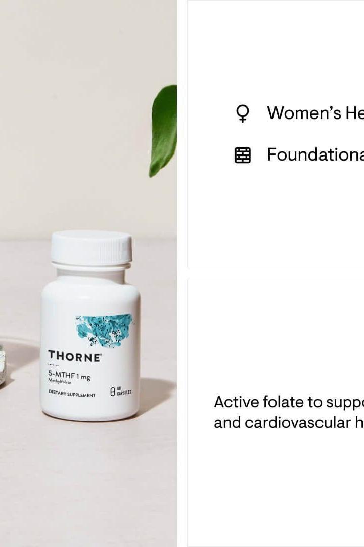 Thorne 5-MTHF dietary supplement bottle for cardiovascular health and cognitive function.