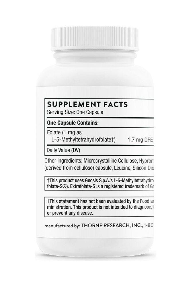 Thorne 5-MTHF supplement facts label showing folate content and ingredients for cardiovascular health.
