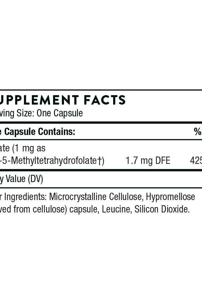Supplement facts label for Thorne 5-MTHF showing ingredients and nutritional information.