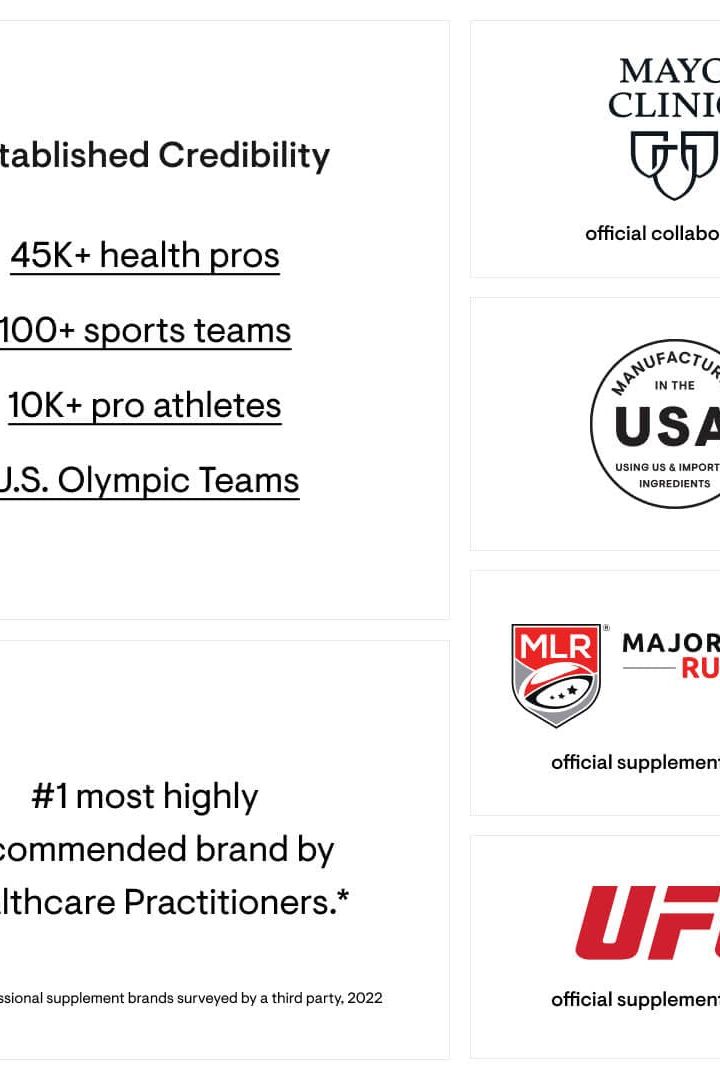 Collage showcasing Thorne's credibility with endorsements from health pros, sports teams, and organizations like Mayo Clinic and UFC.