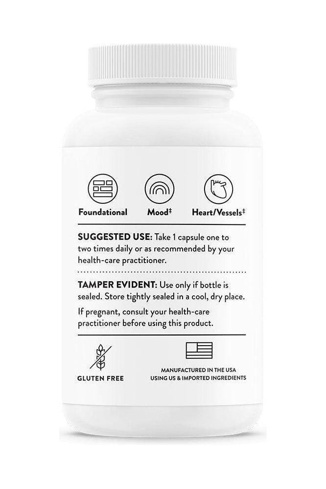 Thorne 5-MTHF supplement bottle with suggested use and benefits for cardiovascular health and mood support.