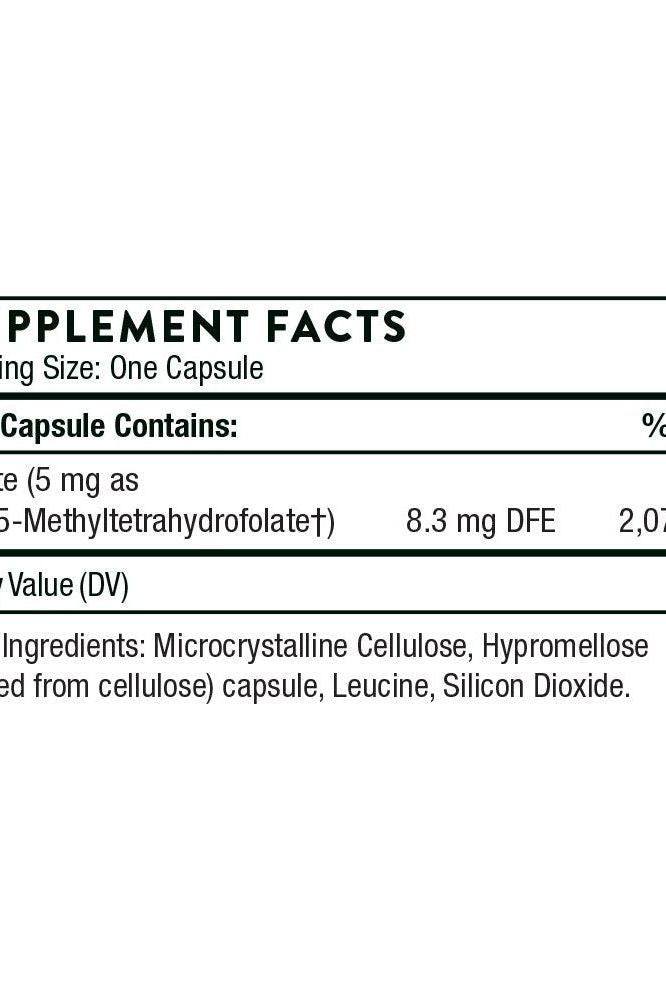 Thorne 5-MTHF supplement facts showing ingredients and nutritional information