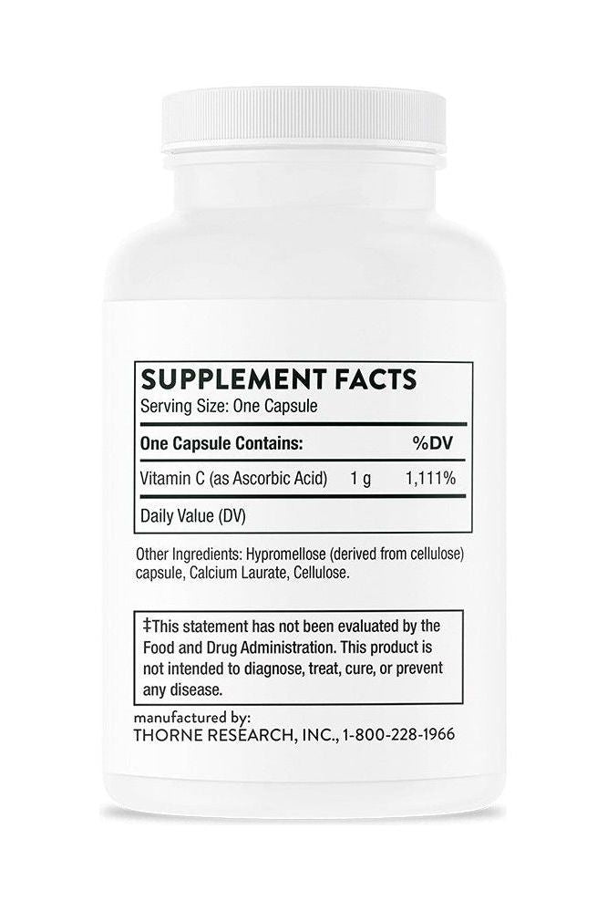 Thorne Ascorbic Acid supplement facts showing vitamin C and additional ingredients for immune support.