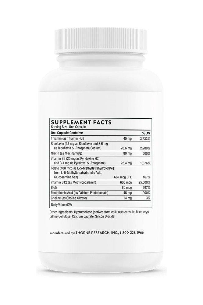 Thorne B-Complex #12 supplement facts label with nutritional information and serving size details.