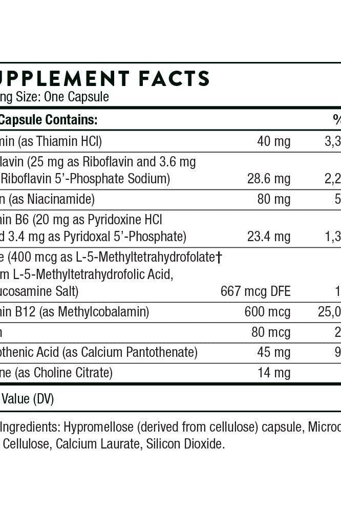Supplement facts for Thorne B-Complex #12 showing ingredient amounts per capsule.