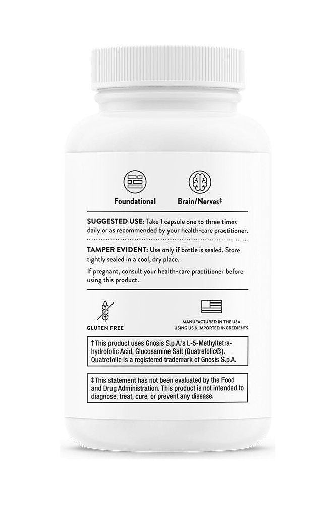 Thorne B-Complex #12 supplement bottle showing usage instructions and benefits for energy and brain health.