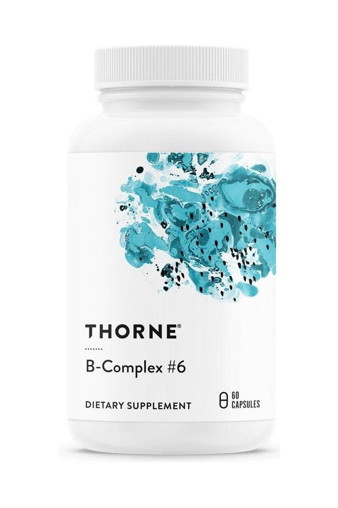 Thorne B-Complex #6 dietary supplement bottle, 60 capsules, supports energy production and nerve function.