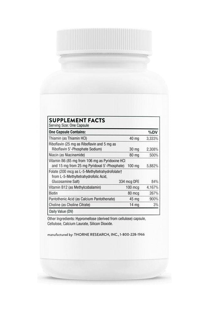 Thorne B-Complex #6 supplement facts label showing B-vitamin content and health benefits.
