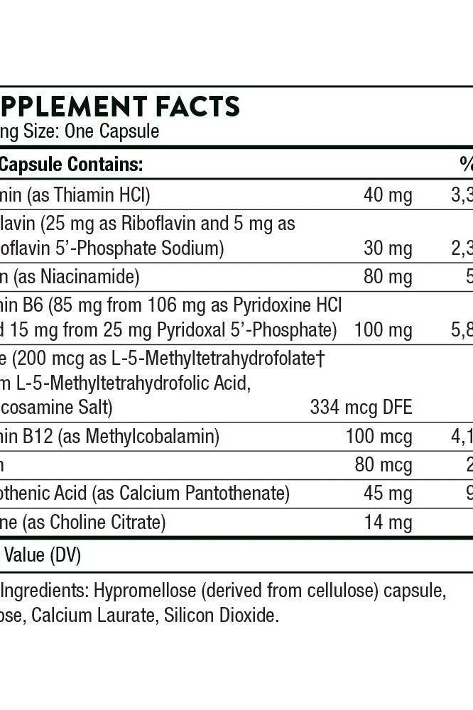 Supplement facts for Thorne B-Complex #6 showing vitamin ingredients and dosages.