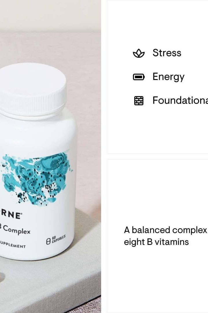 Thorne Basic B Complex supplement bottle, featuring eight essential B vitamins for energy and brain health.