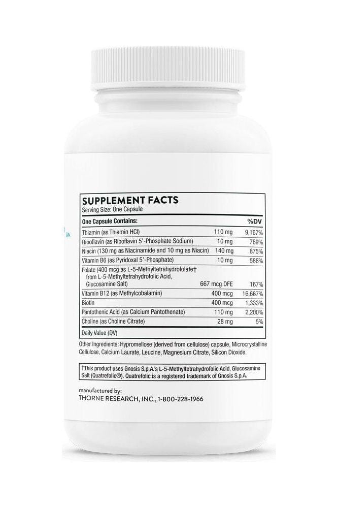 Thorne Basic B Complex supplement facts label detailing B-vitamin content and benefits.