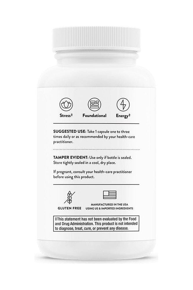 Thorne Basic B Complex supplement bottle back, featuring usage instructions and nutrient benefits.