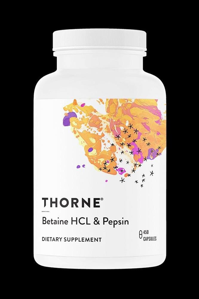 Thorne Betaine HCL & Pepsin dietary supplement bottle, 450 capsules for optimal digestion support.