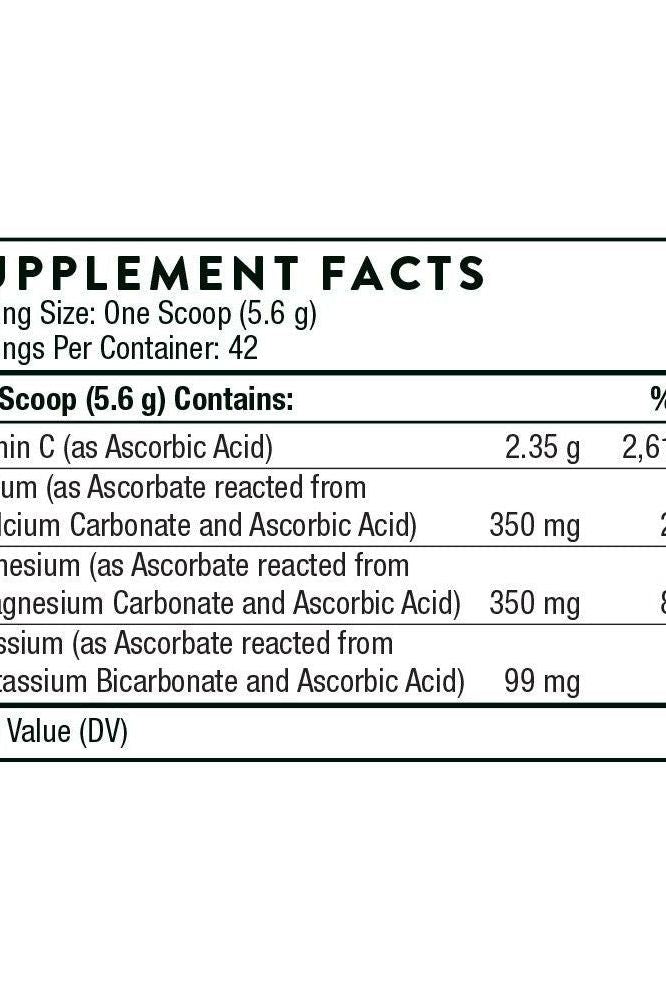 Supplement facts for Thorne Buffered C Powder, detailing ingredients and their amounts per serving.