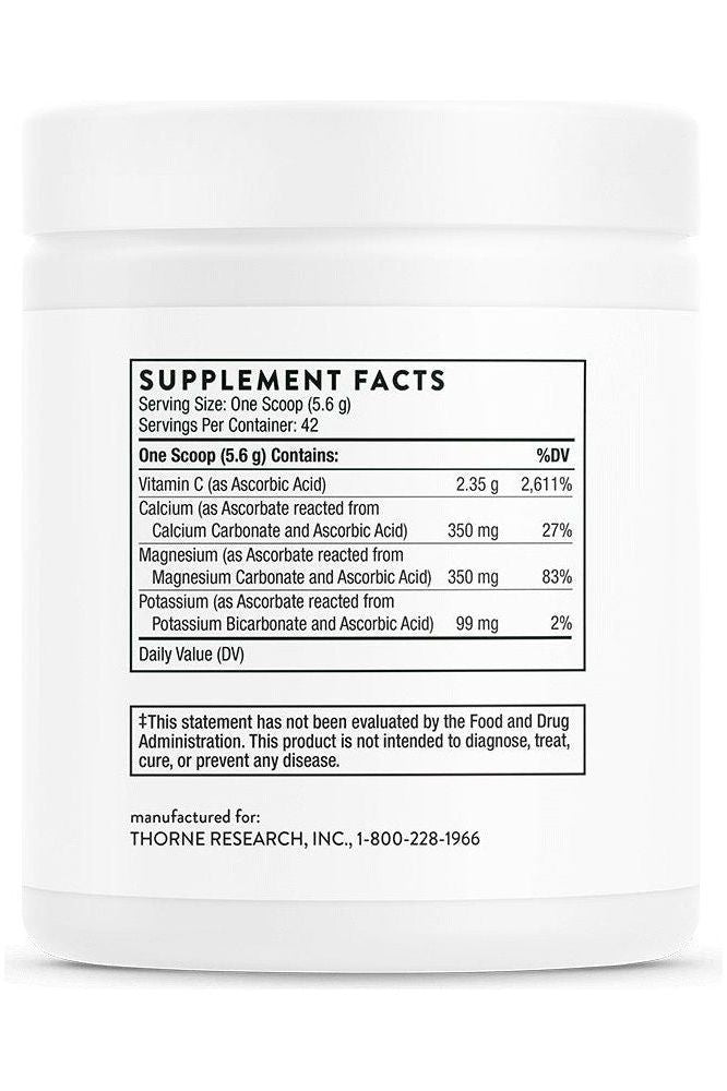 Supplement facts label for Thorne Buffered C Powder showing ingredients and nutrition information.