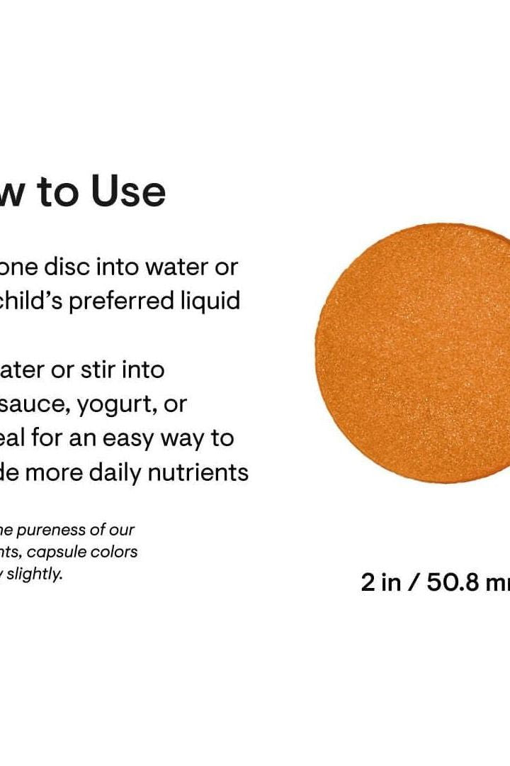 Instructions for using Thorne Kids Multi disc in water or food for added nutrients.