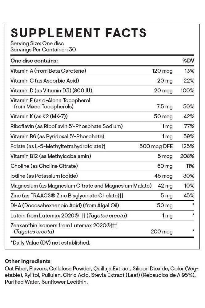 Thorne Kids Multi supplement facts showing vitamins, minerals, and nutritional information for children's health.