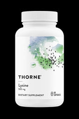 Thorne Lysine dietary supplement bottle with 500 mg, containing 60 capsules for immune support and health benefits.